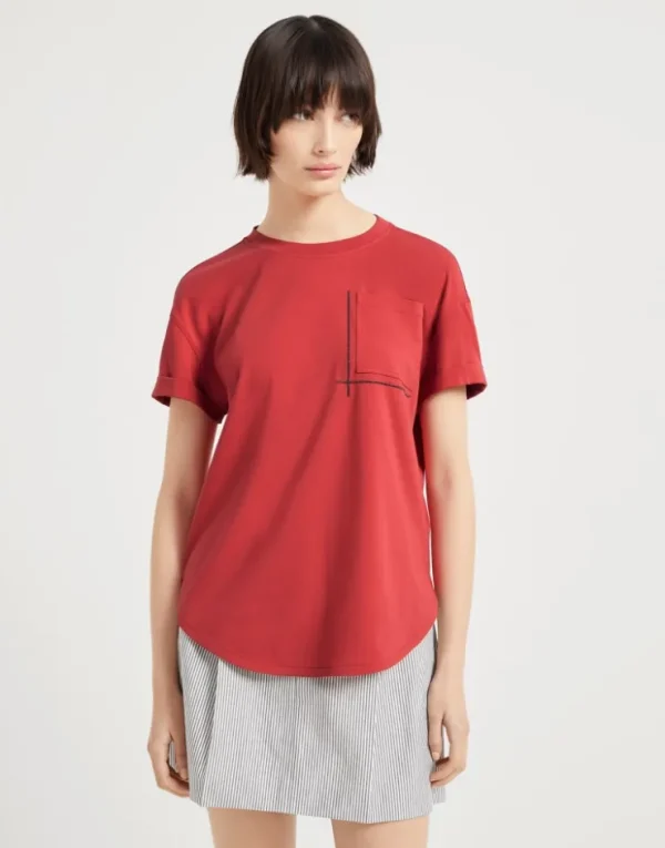 Brunello Cucinelli T-Shirt aus Baumwolljersey mit Shiny Pocket Detail | Damen T-shirts & Tops