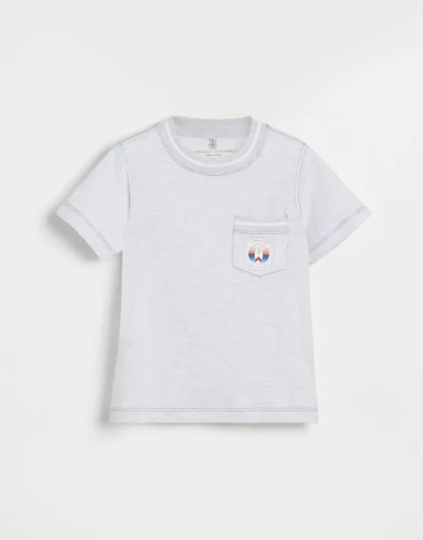 Brunello Cucinelli T-Shirt aus Baumwolljersey mit Surf-Print und Brusttasche | Kinder T-shirts & Hemden