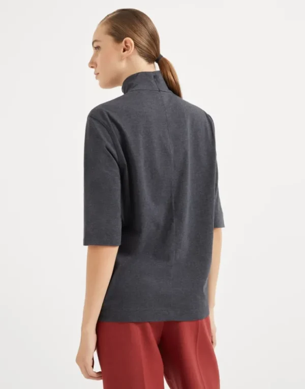 Brunello Cucinelli T-Shirt aus Baumwolljersey mit Stehkragen und Shiny Stripes | Damen T-shirts & Tops