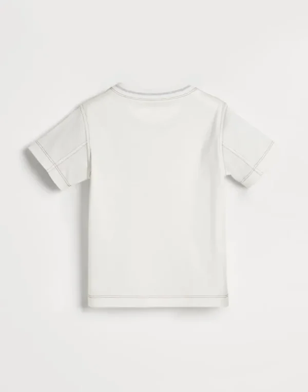 Brunello Cucinelli T-Shirt aus Baumwolljersey mit Surf-Print und Brusttasche | Kinder T-shirts & Hemden