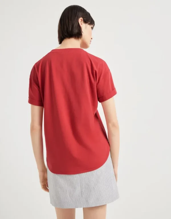 Brunello Cucinelli T-Shirt aus Baumwolljersey mit Shiny Pocket Detail | Damen T-shirts & Tops