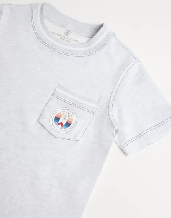 Brunello Cucinelli T-Shirt aus Baumwolljersey mit Surf-Print und Brusttasche | Kinder T-shirts & Hemden