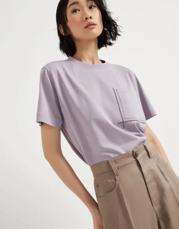 Brunello Cucinelli T-Shirt aus Baumwolljersey mit Shiny Pocket Detail | Damen T-shirts & Tops