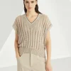 Brunello Cucinelli T-Shirt aus Dazzling Ribbed Net-Strick aus Leinen | Damen Strickwaren