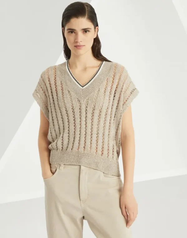 Brunello Cucinelli T-Shirt aus Dazzling Ribbed Net-Strick aus Leinen | Damen Strickwaren