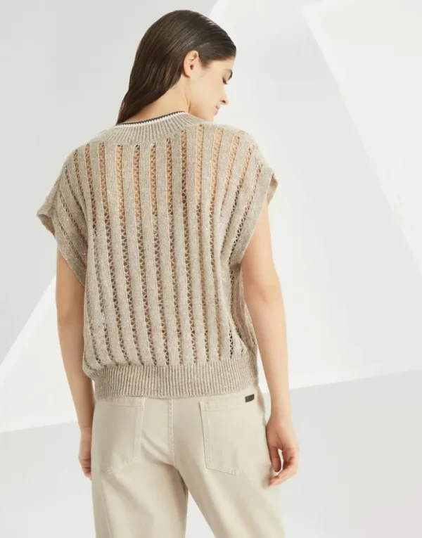 Brunello Cucinelli T-Shirt aus Dazzling Ribbed Net-Strick aus Leinen | Damen Strickwaren