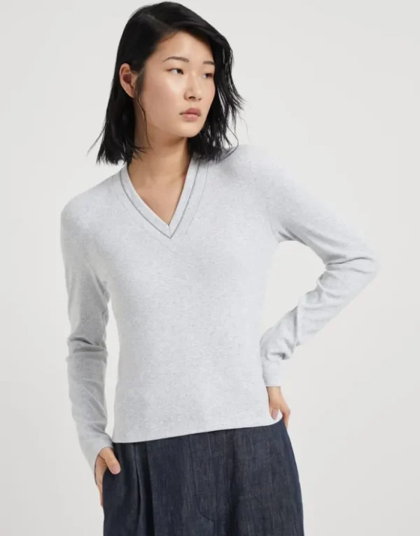 Brunello Cucinelli T-Shirt aus geripptem Stretch-Baumwolljersey mit Monili | Damen T-shirts & Tops