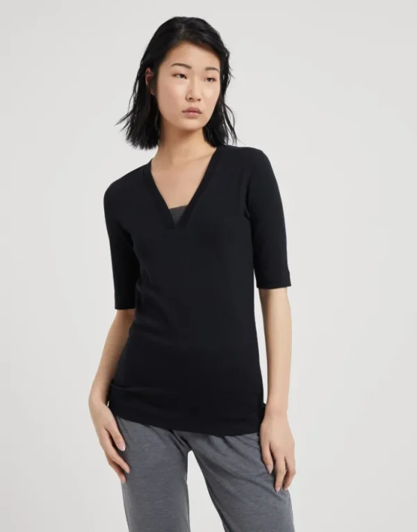 Brunello Cucinelli T-Shirt aus geripptem Stretch-Baumwolljersey mit Precious Insert | Damen T-shirts & Tops