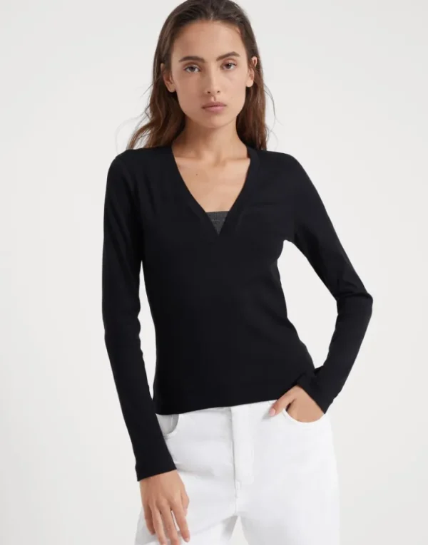 Brunello Cucinelli T-Shirt aus geripptem Stretch-Baumwolljersey mit Precious Insert | Damen T-shirts & Tops