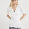 Brunello Cucinelli T-Shirt aus geripptem Stretch-Baumwolljersey mit Precious Insert | Damen T-shirts & Tops