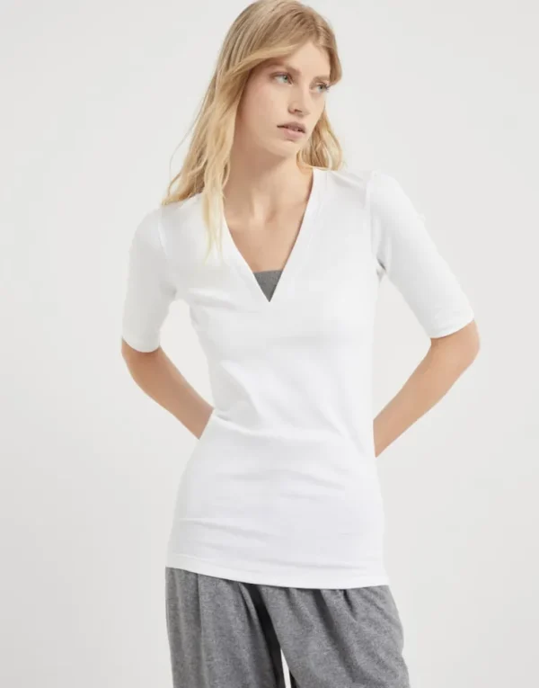 Brunello Cucinelli T-Shirt aus geripptem Stretch-Baumwolljersey mit Precious Insert | Damen T-shirts & Tops