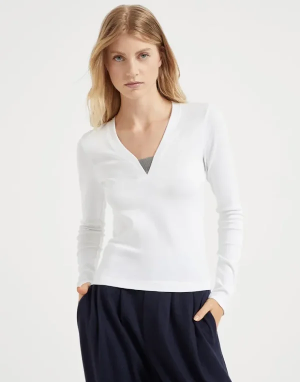 Brunello Cucinelli T-Shirt aus geripptem Stretch-Baumwolljersey mit Precious Insert | Damen T-shirts & Tops