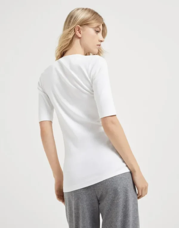 Brunello Cucinelli T-Shirt aus geripptem Stretch-Baumwolljersey mit Precious Insert | Damen T-shirts & Tops