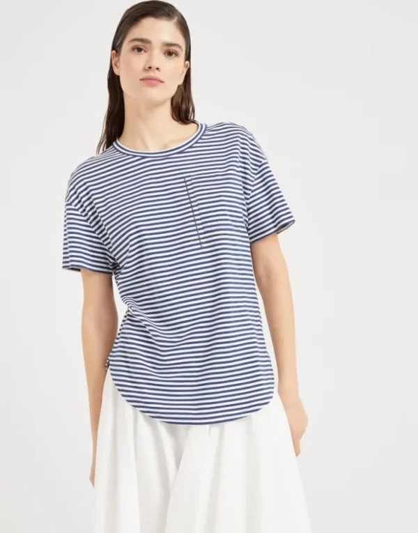 Brunello Cucinelli T-Shirt aus gestreiftem Baumwolljersey mit Shiny Pocket Detail | Damen T-shirts & Tops