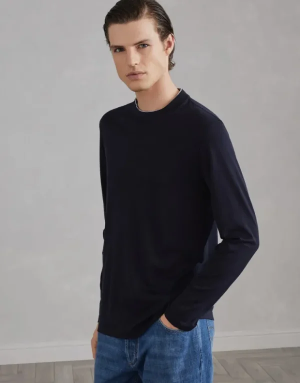 Brunello Cucinelli T-Shirt aus leichtem Jersey in Seide und Baumwolle mit Rundhalsausschnitt, langen Ärmeln und Kontrastdetail | Herren T-shirts & Poloshirts