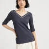 Brunello Cucinelli T-Shirt aus Rippenjersey aus Comfort-Baumwolle mit Shiny Piping | Damen T-shirts & Tops