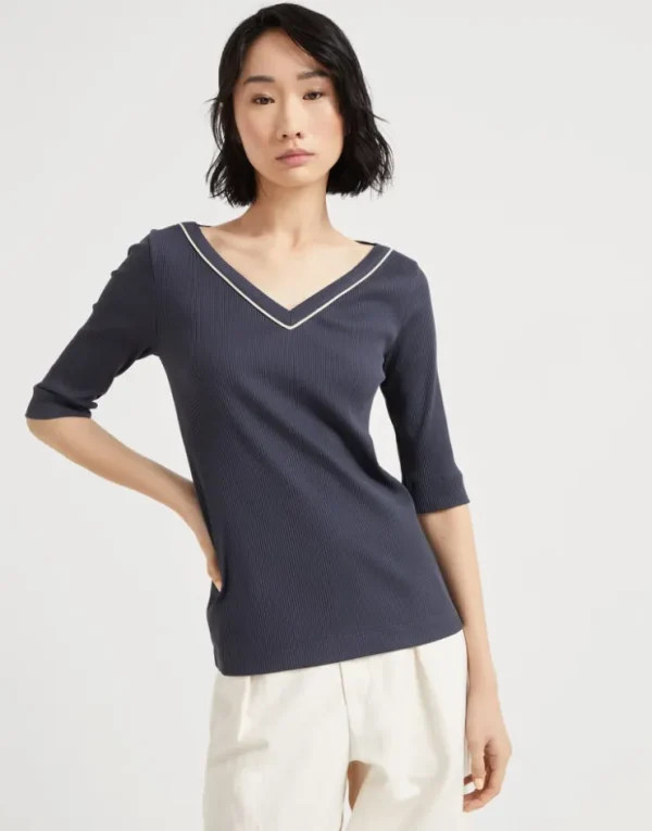 Brunello Cucinelli T-Shirt aus Rippenjersey aus Comfort-Baumwolle mit Shiny Piping | Damen T-shirts & Tops