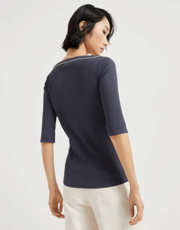 Brunello Cucinelli T-Shirt aus Rippenjersey aus Comfort-Baumwolle mit Shiny Piping | Damen T-shirts & Tops