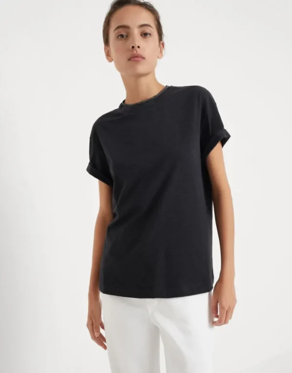 Brunello Cucinelli T-Shirt aus Stretch-Baumwolljersey mit Precious Faux Layering | Damen T-shirts & Tops