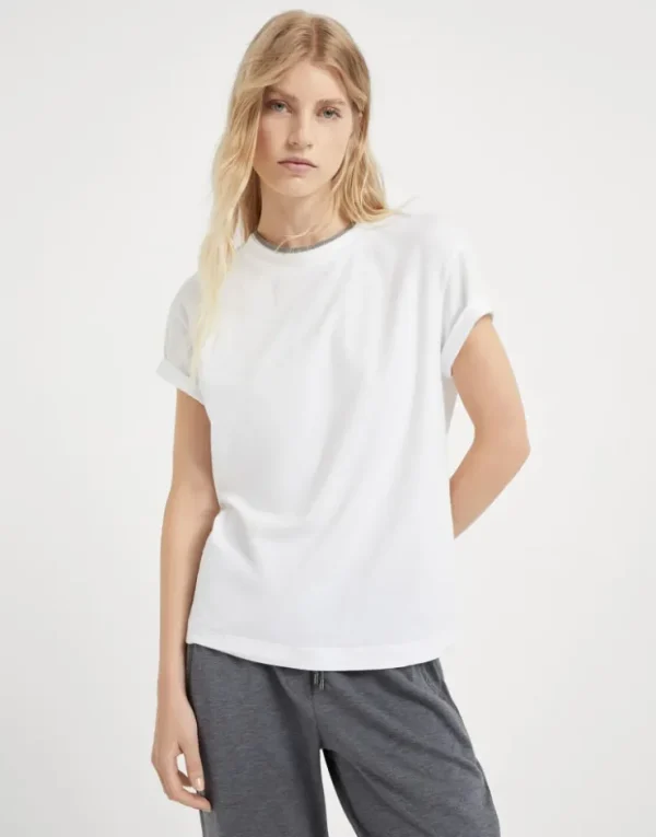 Brunello Cucinelli T-Shirt aus Stretch-Baumwolljersey mit Precious Faux Layering | Damen T-shirts & Tops