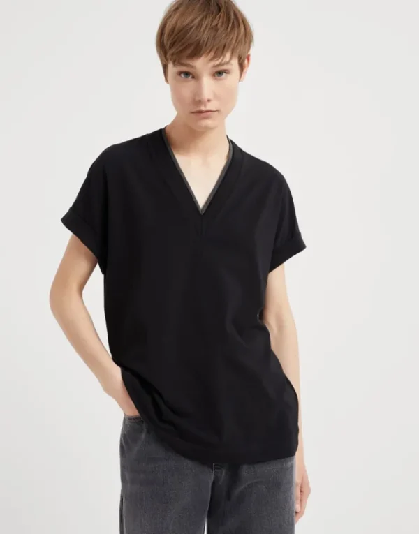 Brunello Cucinelli T-Shirt aus Stretch-Baumwolljersey mit Precious Neckline | Damen T-shirts & Tops