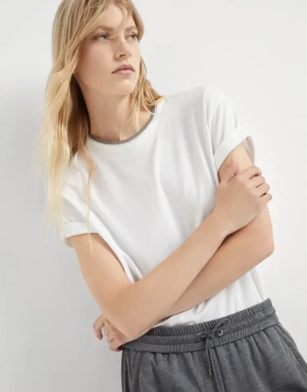 Brunello Cucinelli T-Shirt aus Stretch-Baumwolljersey mit Precious Faux Layering | Damen T-shirts & Tops