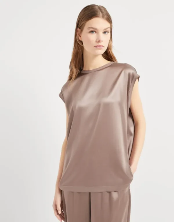 Brunello Cucinelli T-Shirt aus Stretch-Seidensatin mit Monili | Damen T-shirts & Tops