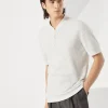 Brunello Cucinelli T-Shirt mit Serafino-Kragen aus gestreiftem Jersey in Leinen und Baumwolle | Herren T-shirts & Poloshirts