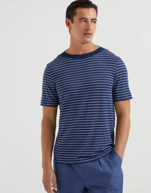 Brunello Cucinelli T-Shirt mit U-Boot-Ausschnitt aus gestreiftem Leinenjersey mit Stretch | Herren T-shirts & Poloshirts