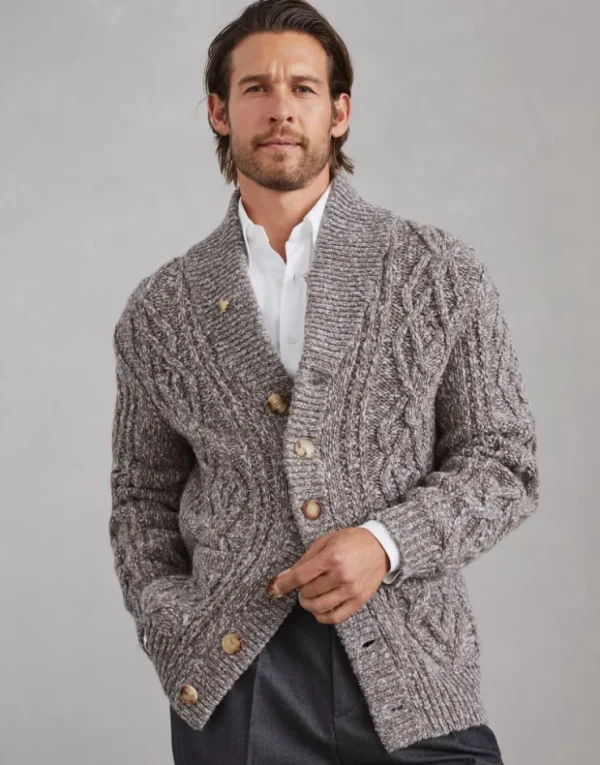 Brunello Cucinelli Tweed-Cardigan aus Soft-Schurwolle und Kaschmir in Zopfstrick | Herren Strickwaren