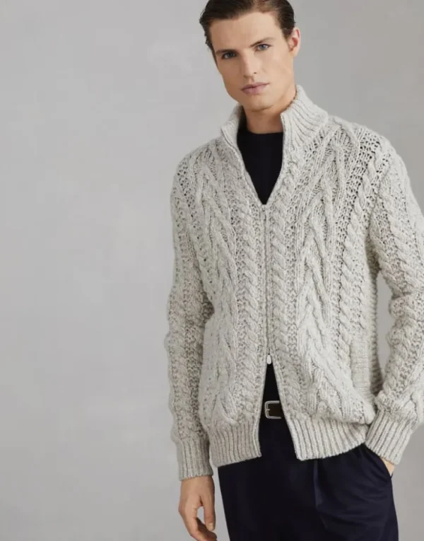 Brunello Cucinelli Tweed-Cardigan aus Soft-Schurwolle und Kaschmir in Zopfstrick mit Reißverschluss | Herren Strickwaren