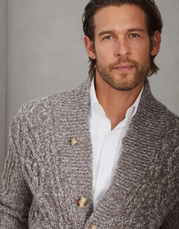 Brunello Cucinelli Tweed-Cardigan aus Soft-Schurwolle und Kaschmir in Zopfstrick | Herren Strickwaren