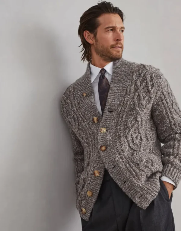 Brunello Cucinelli Tweed-Cardigan aus Soft-Schurwolle und Kaschmir in Zopfstrick | Herren Strickwaren