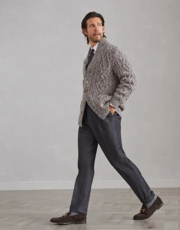 Brunello Cucinelli Tweed-Cardigan aus Soft-Schurwolle und Kaschmir in Zopfstrick | Herren Strickwaren