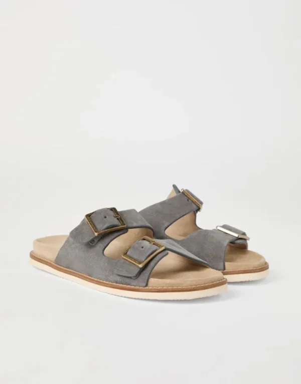 Brunello Cucinelli Urban-Pantoletten aus gewaschenem Veloursleder | Herren Pantoletten & Flipflops