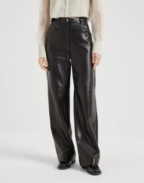 Brunello Cucinelli Wide Five-Pocket-Hose aus glattem Nappaleder mit Shiny Tab | Damen Hosen