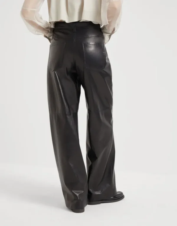 Brunello Cucinelli Wide Five-Pocket-Hose aus glattem Nappaleder mit Shiny Tab | Damen Hosen