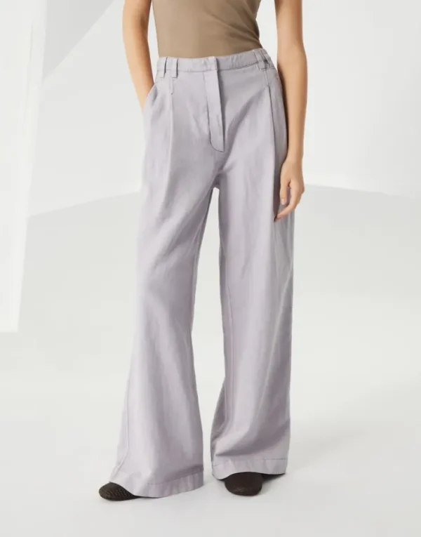 Brunello Cucinelli Wide Smart-Hose aus stückgefärbtem Baumwollcover und Leinen mit Monili | Damen Hosen