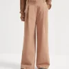 Brunello Cucinelli Wide Smart-Hose aus stückgefärbtem Baumwollcover und Leinen mit Monili | Damen Hosen