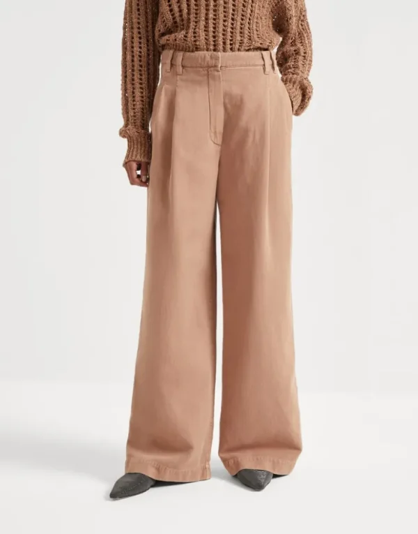 Brunello Cucinelli Wide Smart-Hose aus stückgefärbtem Baumwollcover und Leinen mit Monili | Damen Hosen