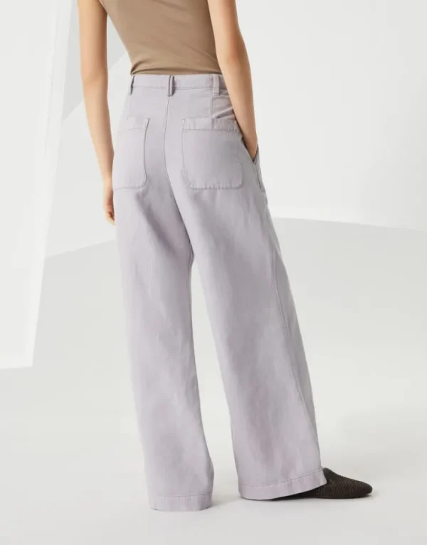 Brunello Cucinelli Wide Smart-Hose aus stückgefärbtem Baumwollcover und Leinen mit Monili | Damen Hosen