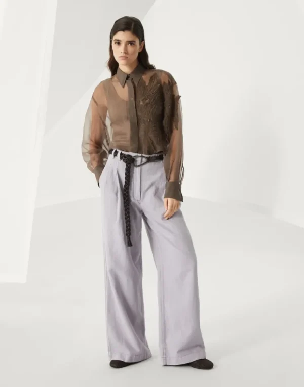 Brunello Cucinelli Wide Smart-Hose aus stückgefärbtem Baumwollcover und Leinen mit Monili | Damen Hosen