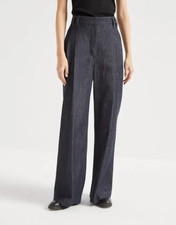 Brunello Cucinelli Wide Smart-Hose aus Twill in Denim-Optik mit Monili | Damen Hosen