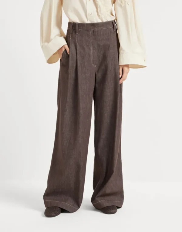 Brunello Cucinelli Wide Smart-Hose aus Twill in Denim-Optik mit Monili | Damen Hosen