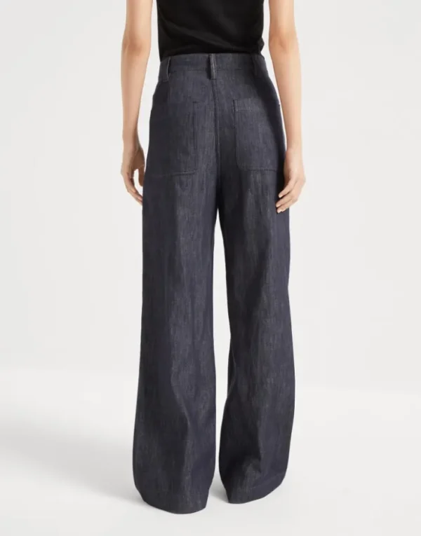 Brunello Cucinelli Wide Smart-Hose aus Twill in Denim-Optik mit Monili | Damen Hosen