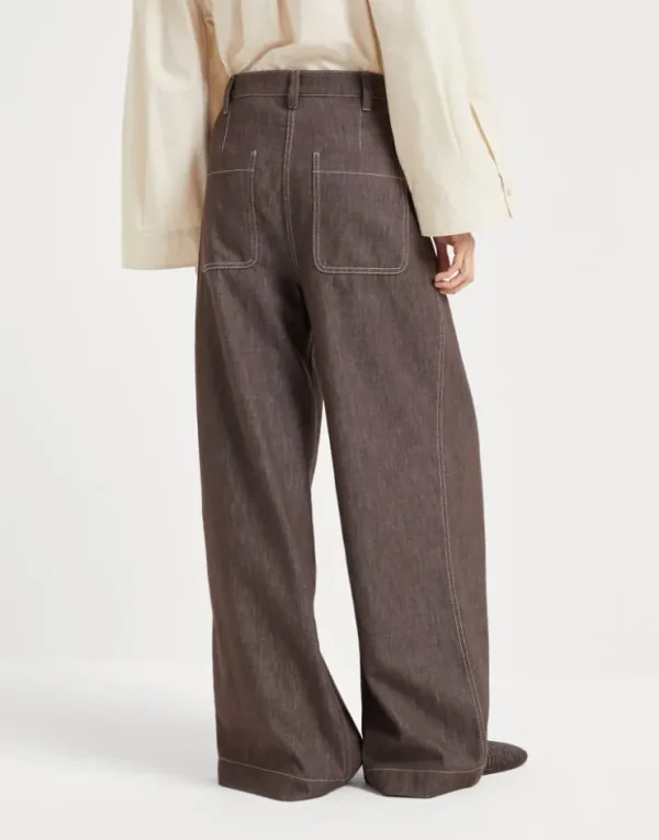 Brunello Cucinelli Wide Smart-Hose aus Twill in Denim-Optik mit Monili | Damen Hosen